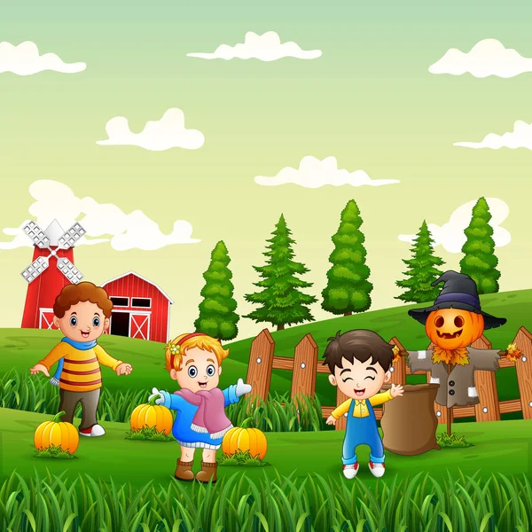 Happy Children Harvesting Pumpkins Garden — Stock Vector