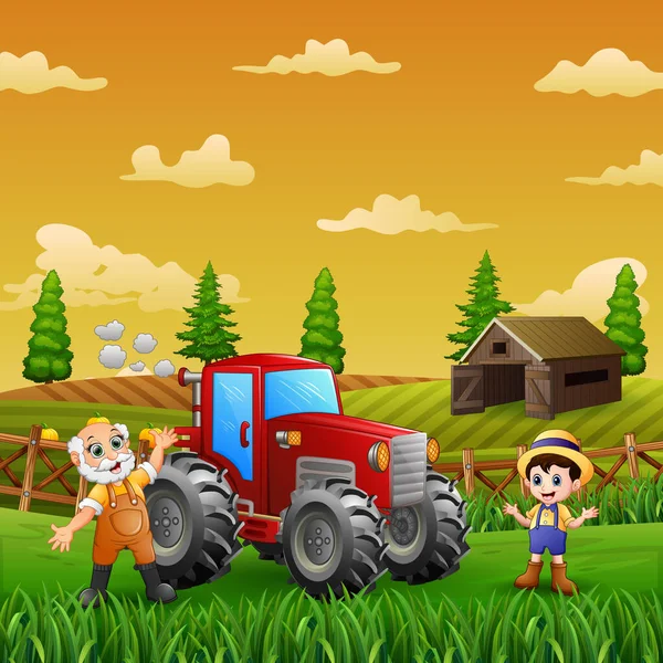 Veselý Farmář Zemědělské Půdě Krajiny — Stockový vektor