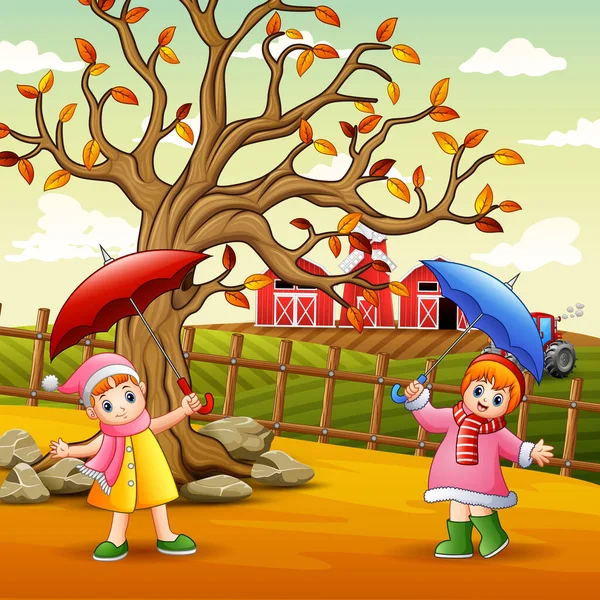 Glückliches Mädchen Mit Regenschirm Auf Dem Bauernhof — Stockvektor