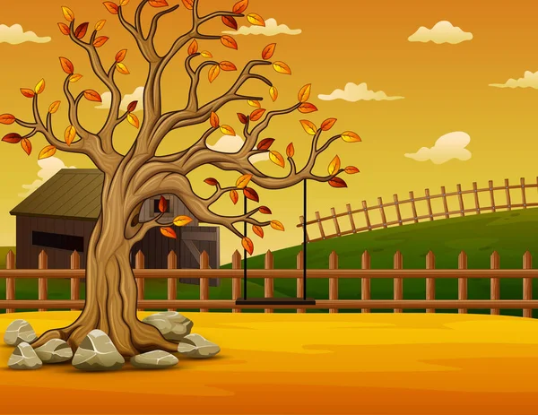 Árbol Otoño Con Columpio Fondo Granja — Vector de stock