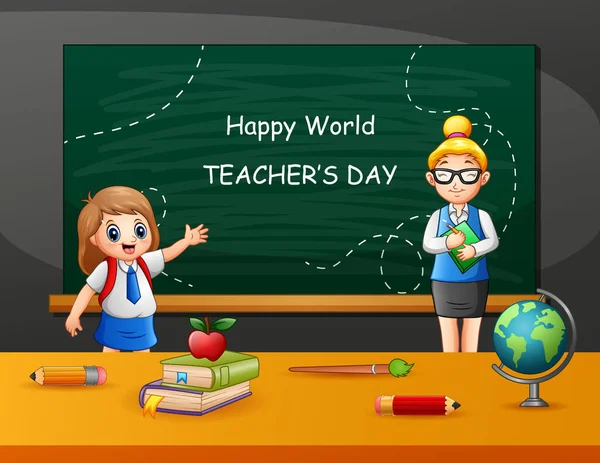 Happy Teacher Day Testo Sulla Lavagna Con Bambini Insegnante — Vettoriale Stock