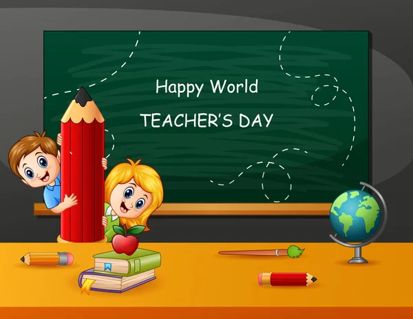 Selamat Hari Guru Dengan Anak Anak Memegang Pensil - Stok Vektor