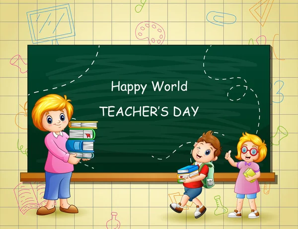 Happy Teacher Day Testo Sulla Lavagna Con Bambini Insegnante — Vettoriale Stock