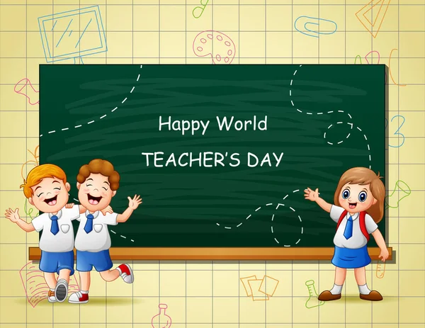 Hari Guru Sedunia Dengan Siswa Yang Bahagia - Stok Vektor