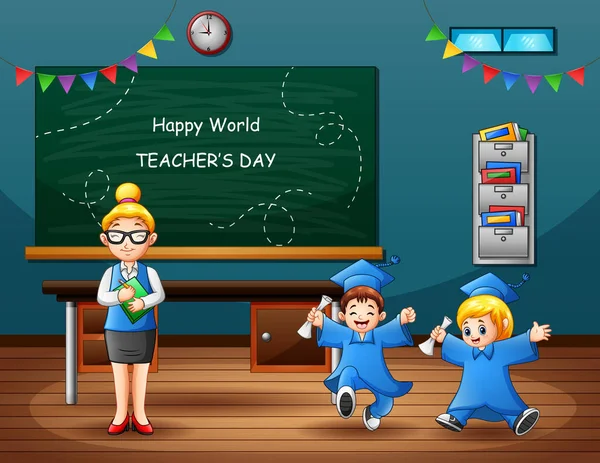 Buona Giornata Mondiale Degli Insegnanti Con Diplomati Insegnanti — Vettoriale Stock