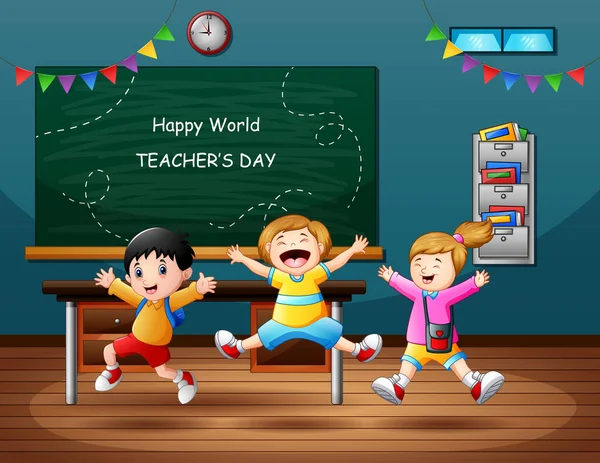 Happy World Teachers Day Dengan Gembira Siswa Melompat Kelas - Stok Vektor