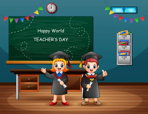 Buona Giornata Mondiale Degli Insegnanti Con Bambini Laureati — Vettoriale Stock