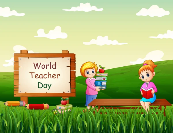 Selamat Hari Guru Sedunia Dengan Guru Wanita - Stok Vektor