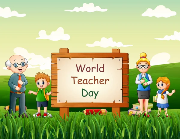 Selamat Hari Guru Sedunia Dengan Guru Dan Siswa Alam - Stok Vektor