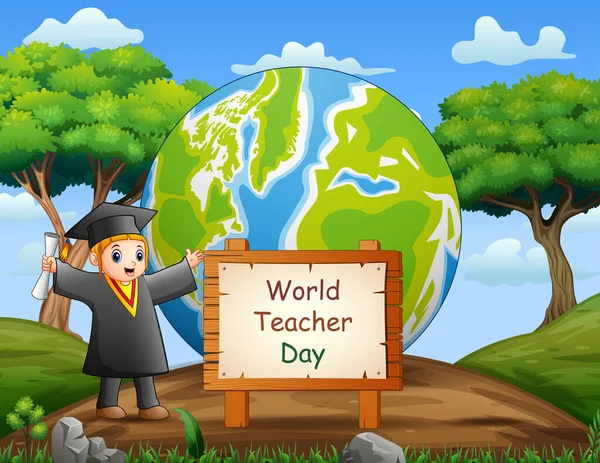 Buona Giornata Mondiale Degli Insegnanti Con Bambini Laureati — Vettoriale Stock
