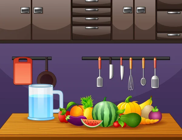 Φρούτα Ξύλινο Τραπέζι Στην Κουζίνα Εικονογράφηση — Διανυσματικό Αρχείο