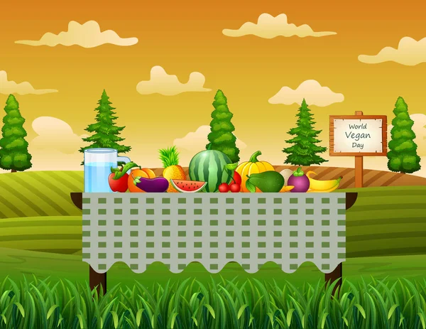 Frutas Frescas Mesa Fondo Del Jardín — Vector de stock