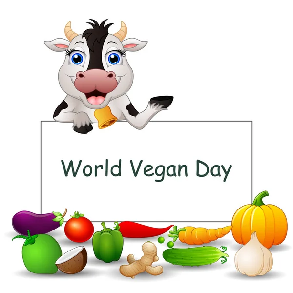 World Vegan Day Tekstontwerp Bord Met Groenten Een Koe — Stockvector