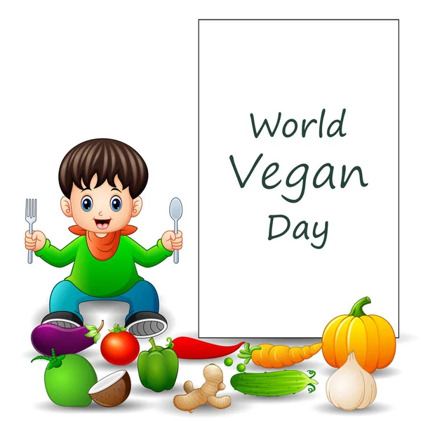World Vegan Day Tekstontwerp Met Jongen Groenten — Stockvector
