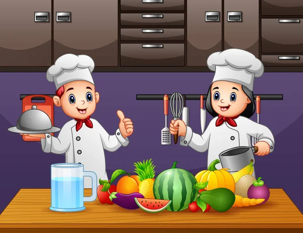 Happy Twee Chef Kok Het Bereiden Van Gezond Voedsel — Stockvector