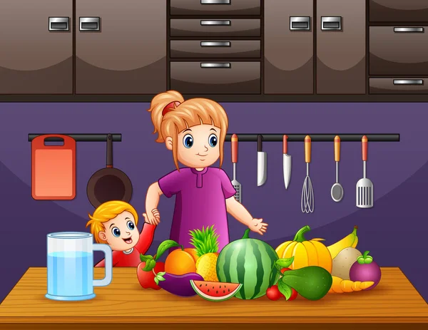 Εικονογράφηση Μητέρας Και Γιου Στην Κουζίνα — Διανυσματικό Αρχείο