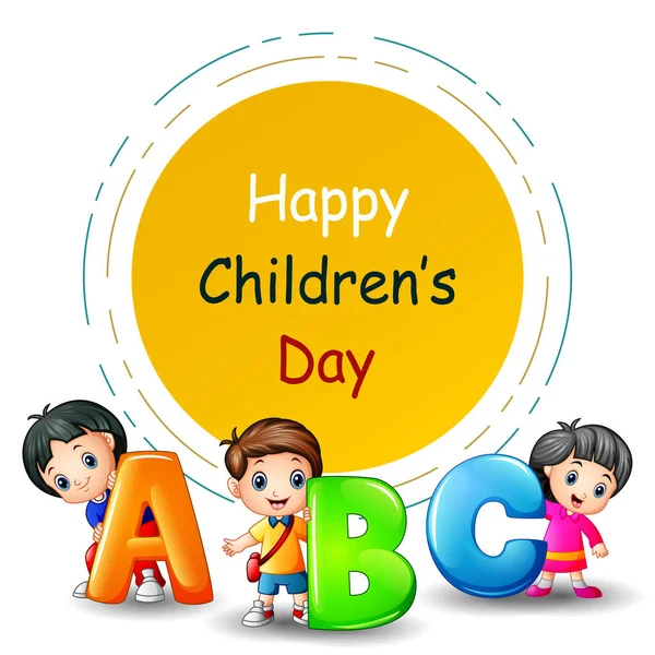 Buona Giornata Dei Bambini Con Bambini Che Tengono Lettera Abc — Vettoriale Stock