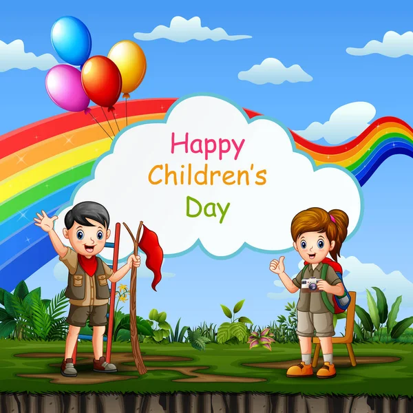 Happy Children Day Template Scout Boy Girl Nature — стоковый вектор