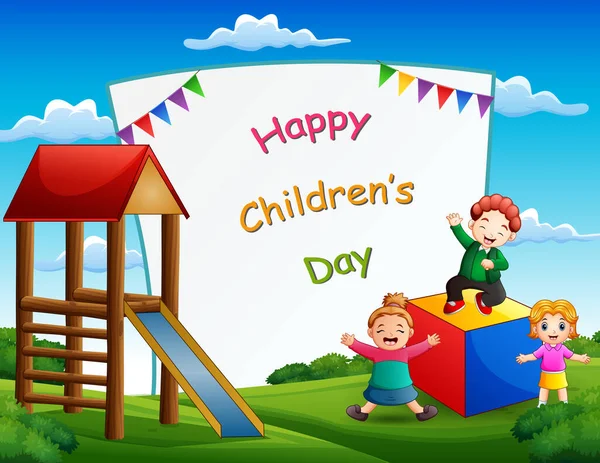 公園のイラストの子供たちと幸せな子供の日のポスター — ストックベクタ