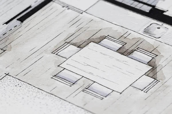 Drawing pencil on parquet flooring illustration watercolor floorplan — Stock Photo, Image