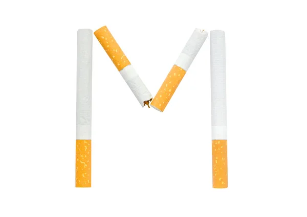 Cigarrillos doblados en forma de letra "M" sobre fondo blanco — Foto de Stock