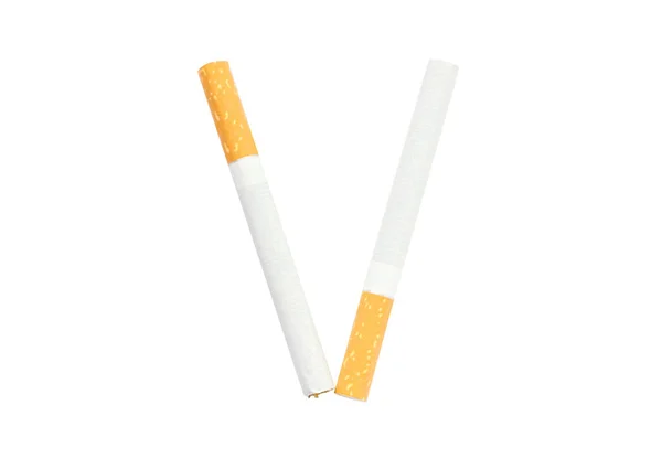 Cigarettes pliées en forme de lettre "V" sur fond blanc — Photo