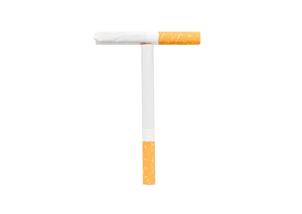 Cigarettes pliées en forme de lettre "T" sur fond blanc — Photo