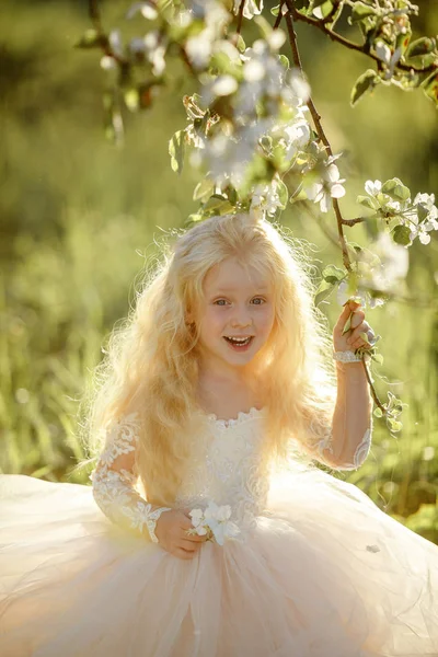 Маленька Дівчинка Білій Сукні Яблучному Парку Заході Сонця Посміхається — стокове фото
