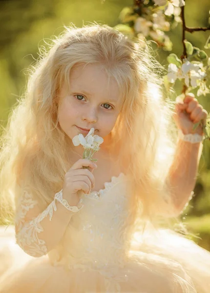 Bebé Niña Vestido Blanco Parque Manzanas Atardecer Retrato —  Fotos de Stock