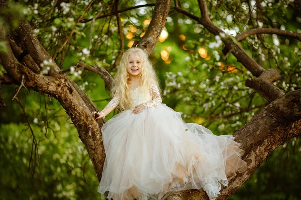 日落时穿着白色礼服的小女孩婴儿坐在苹果树上 — 图库照片