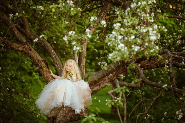 Menina Bebê Vestido Branco Sentado Uma Árvore Maçã Pôr Sol — Fotografia de Stock