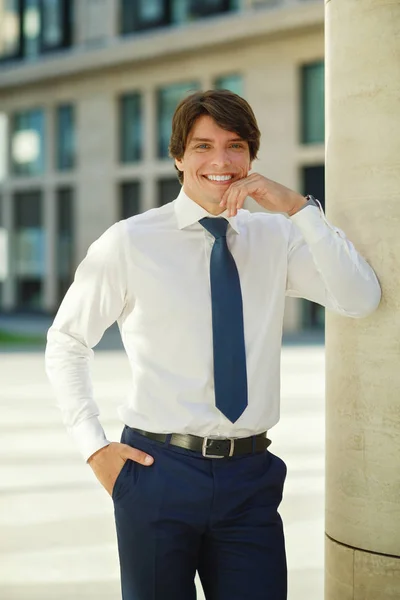 Charming Handsome Male Businessman Blue Suit Smiling Portrait — Stock Photo, Image
