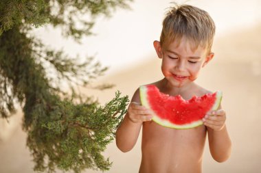 Küçük küçük çocuk kırmızı bir karpuz yiyor ve gülümsüyor. In th