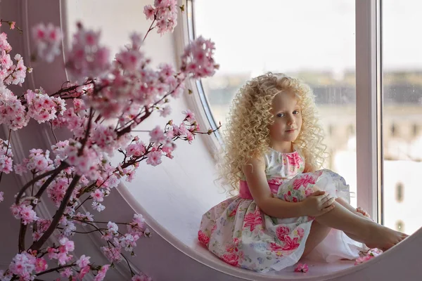 Pequeña chica rubia rizada muy linda en un vestido se sienta en la ventana —  Fotos de Stock