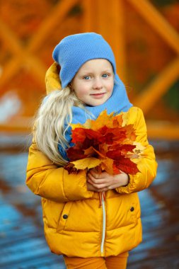 Beautiful little blonde girl with blue eyes in a yellow jacket a clipart