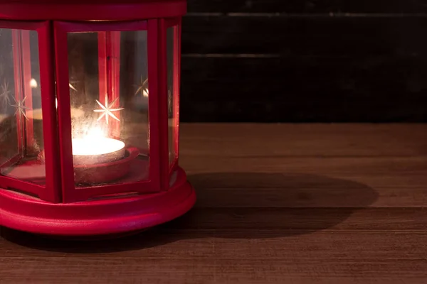 Red Christmas Lantern Natural Brown Wooden Table Copy Space Right — Stock Photo, Image