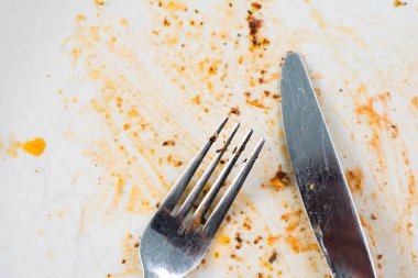 Yemekten sonra çatal ve bıçak takımlarıyla kirli tabak. Uzayı sola kopyala.