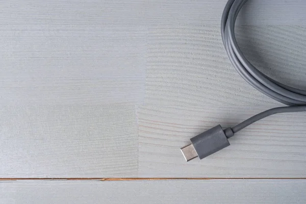 Usb Type Connector Grey Cable Wooden Background Flat Lay Top — Stock Photo, Image