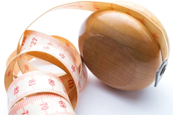 Efekt Koncepcji Diety Drewniany Jojo Centymetrową Miarą Zbliżenie Izolacja Białym Obraz Stockowy