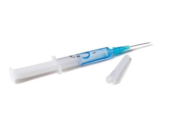 Syringe Blue Liquid Needle Isolated White Background Shadow — Stock Photo, Image