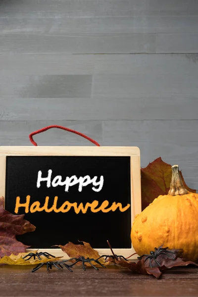 Orange Pumpkin Chalk Blackboard Happy Halloween Text Autumn Colorful Leaves — Stock Photo, Image