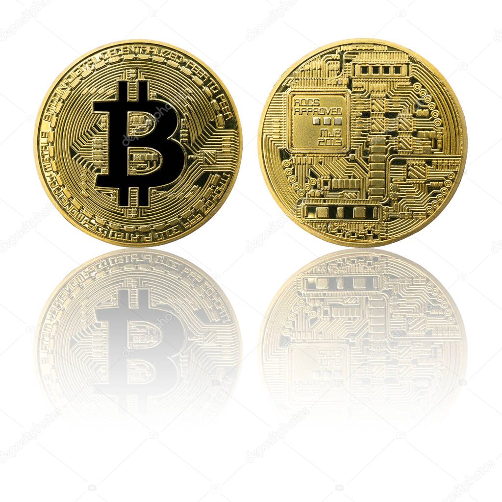 Physical Bitcoin gold coin (BTC) isolated on white background with reflection. Cryptocurrency. Obverse and reverse sides.