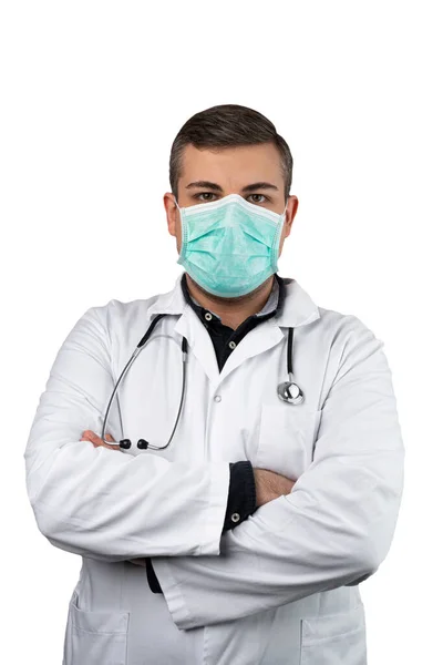 Mężczyzna Rasy Kaukaskiej Udający Lekarza Białej Całości Lub Peeling Maską — Zdjęcie stockowe