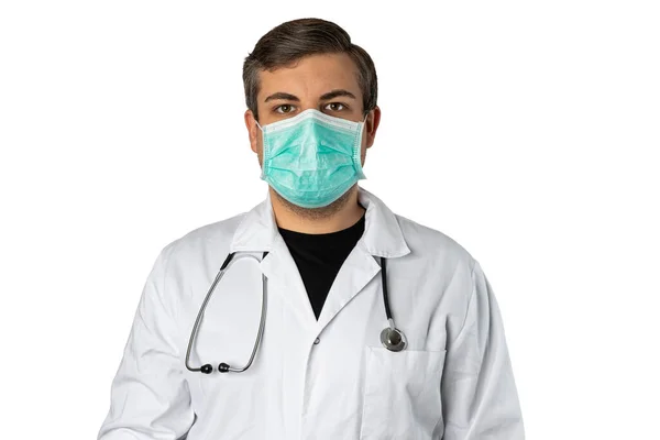 Mężczyzna Rasy Kaukaskiej Udający Lekarza Bieli Lub Szorujący Stetoskopem Wokół — Zdjęcie stockowe