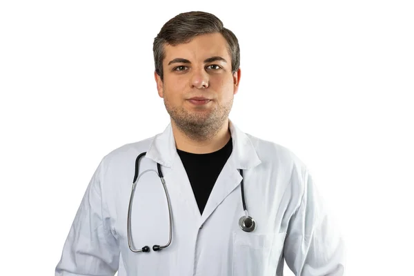 Homem Caucasiano Feliz Posando Como Médico Geral Branco Esfregar Com — Fotografia de Stock