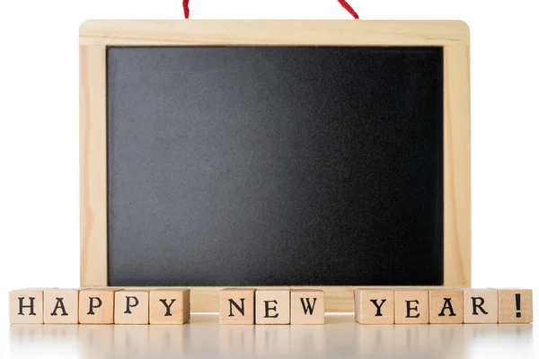 Happy New Year Text Made Out Wooden Blocks Blank Blackboard — Stock Photo, Image