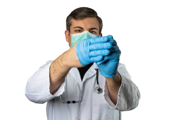 Homem Caucasiano Posando Como Médico Geral Branco Esfregar Com Estetoscópio — Fotografia de Stock