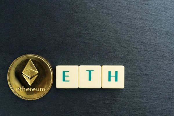 Physical Ethereum Gold Coin Text Made Out Letter Tiles Cryptocurrency — Stock Photo, Image