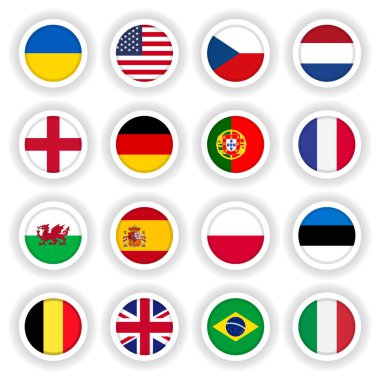 Farklı ülkelerin üç boyutlu düğmeleri etrafında bayraklar.