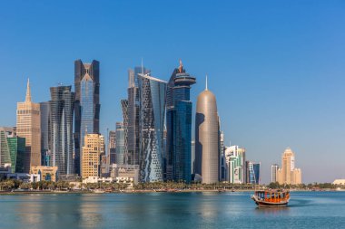 Doha, Qatar - JAN 8th 2018: The West Bay City skyline in a beautiful blue sky day in winter - Jan 8th, 2018 in Doha, Qatar. The West Bay is considered as one of the most prominent districts of Doha clipart